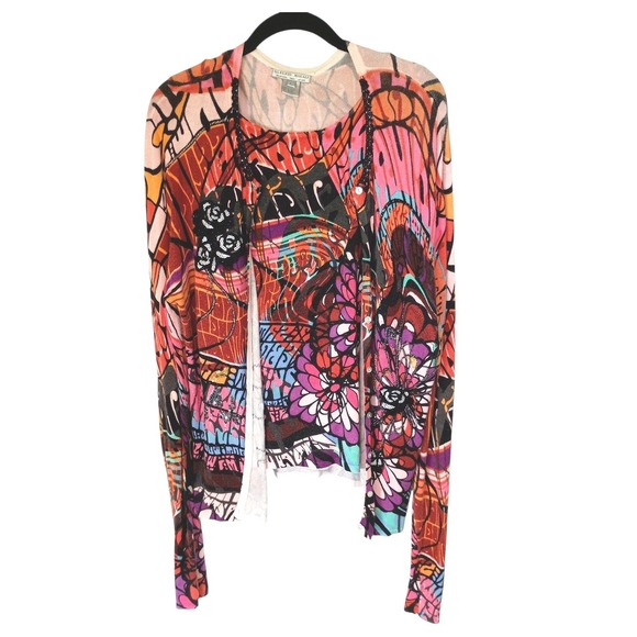 Alberto Makali Sweaters - Alberto Makali Womens Twin Set Cardigan Tank Abstract Floral Sequin Beaded Large